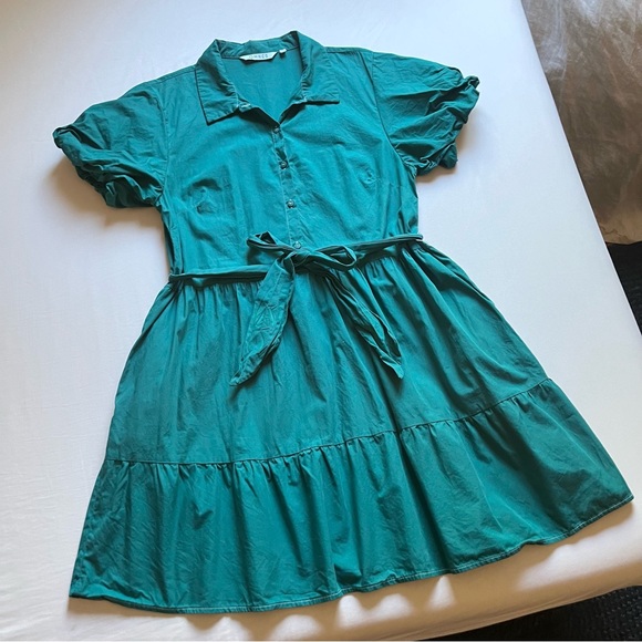 OMNES teal green cotton puff short sleeve belted tiered mini dress - Picture 1 of 8